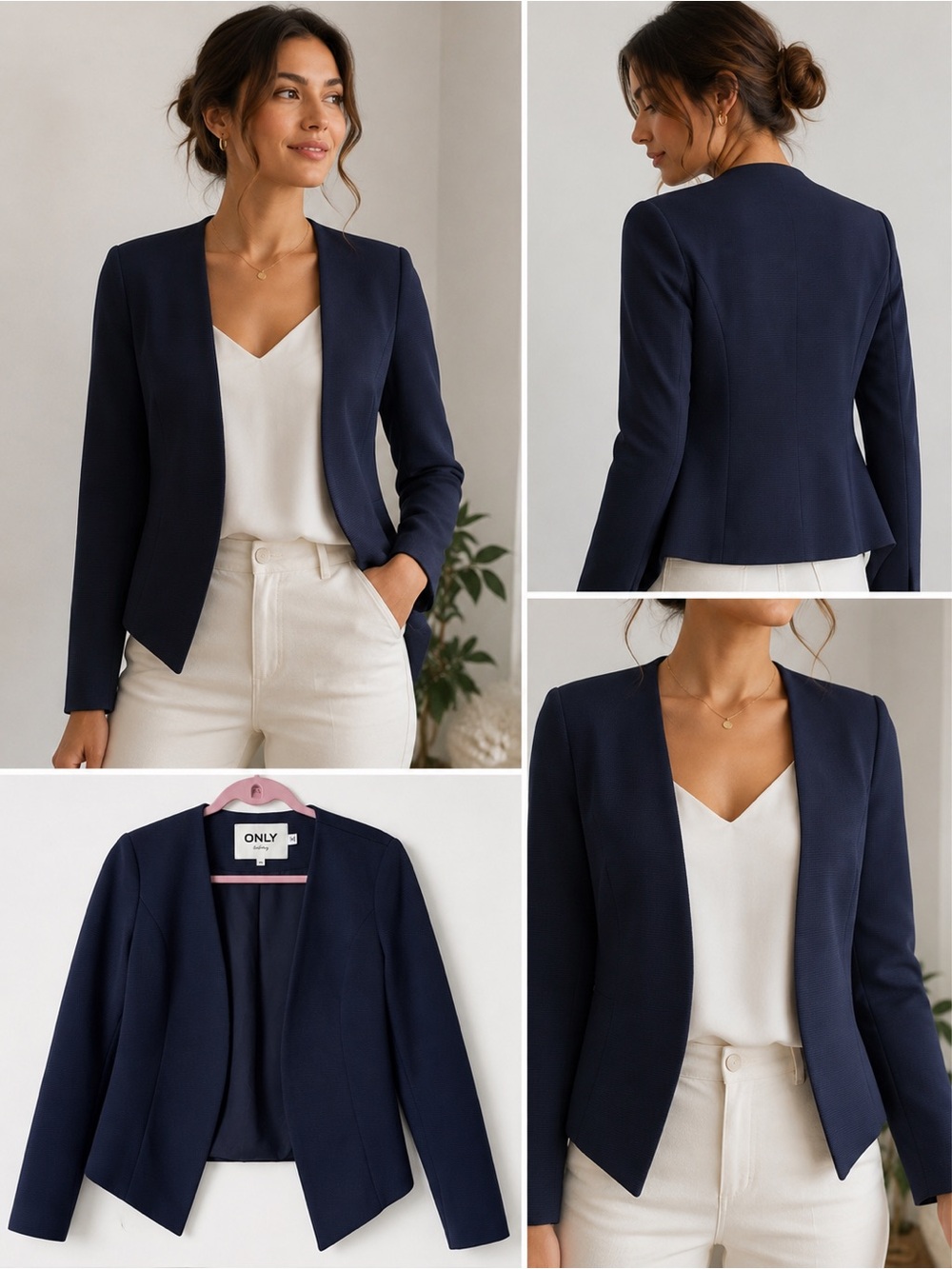 ONLY Tailoring Navy Blue Textured Open Front Blazer Jacket Women’s Size 36